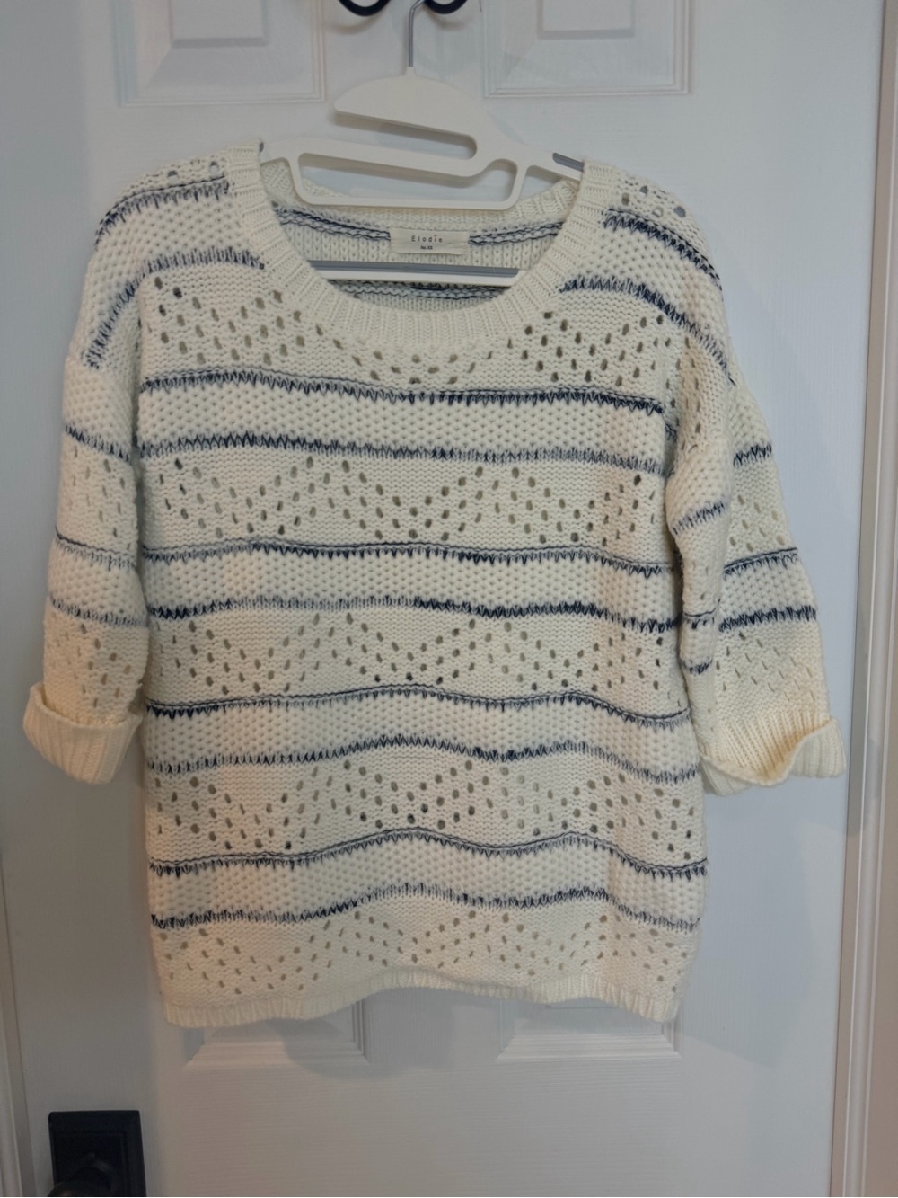Elodie Ivory Navy Open Knit Textured Sweater XS